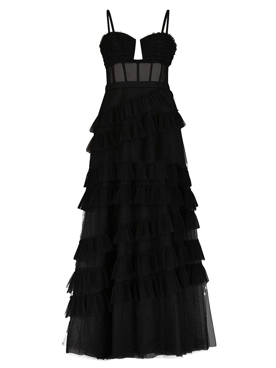 Women's Corset Tulle Ruffled Gown - Black - Size 0