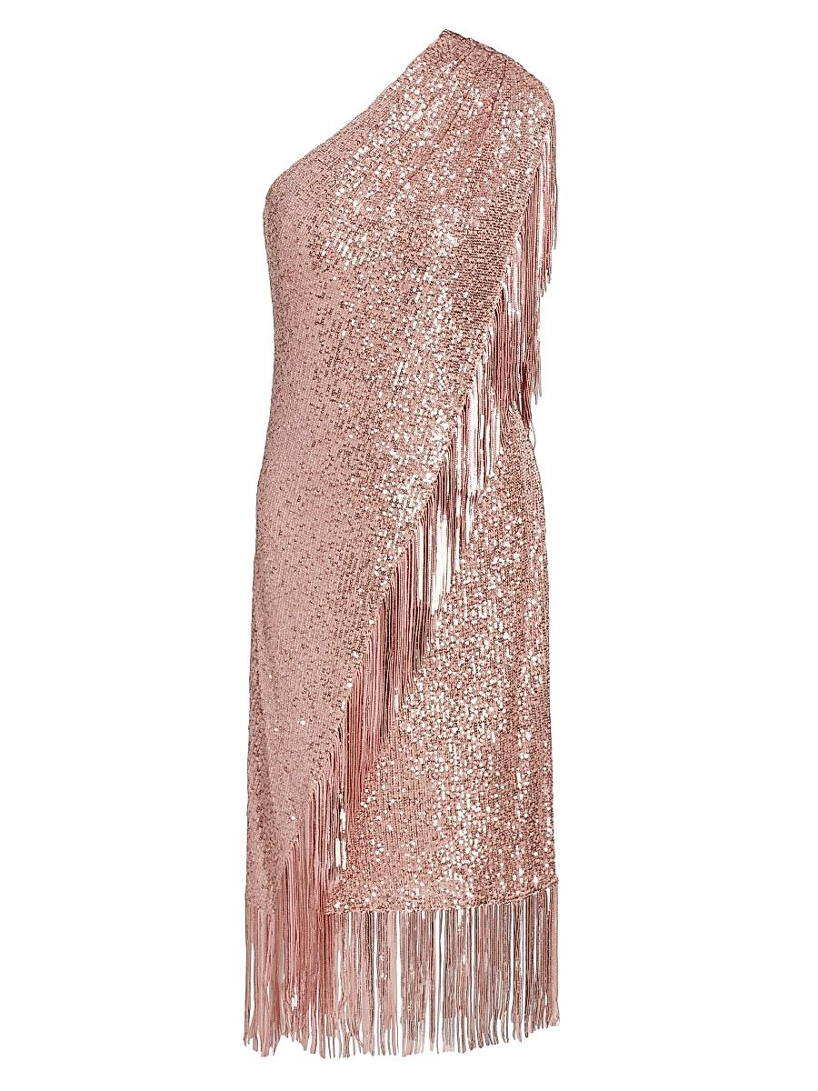 Women's Sequin Fringe One-Shoulder Midi Dress - Blush - Size 14
