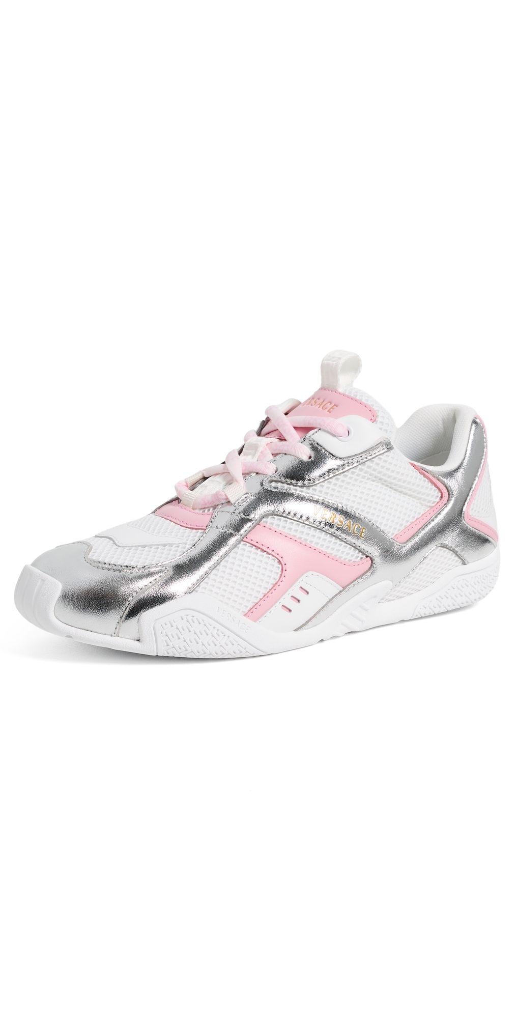 Versace Laminated Lamb Leather Sneakers Silver/White/Orchid Pink 36