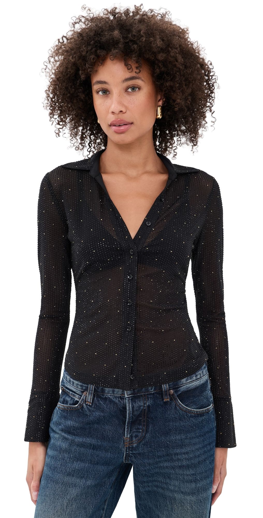 ALICE + OLIVIA Freya Embellished Button Down Top Black/Gold XS