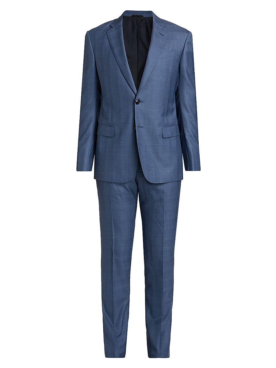 Men's Plaid Wool-Silk Single-Breasted Suit - Blue - Size 44