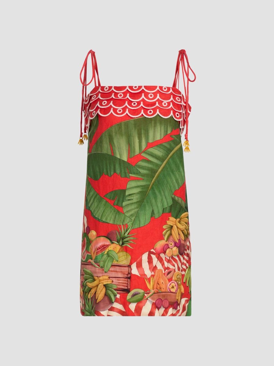 Farm Rio Women's Fruit Trolley Banana Tassels Mini Dress - Red - Size XL
