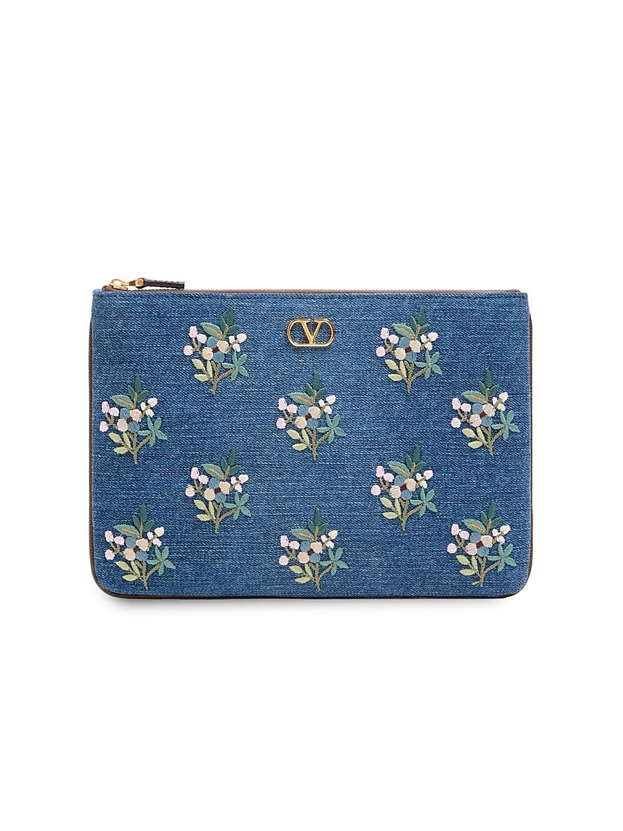 Women's VLogo Signature Clutch Bag in Denim with Floral Embroidery - Denim