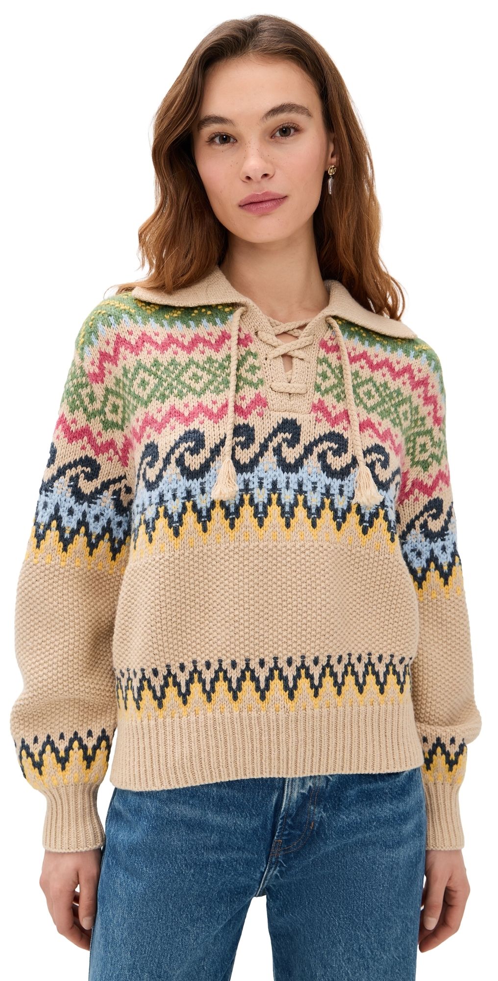 Polo Ralph Lauren Cotton Wool Blend Long Sleeve Tie Pullover Tan Multi XXL