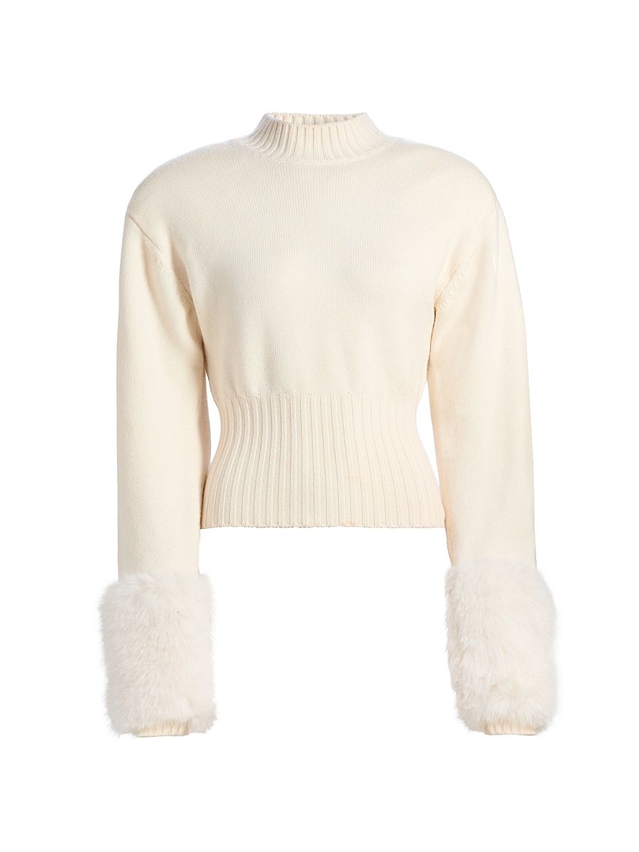 Women's Jenner Faux-Fur Cuff Knit Top - Ivory - Size Medium