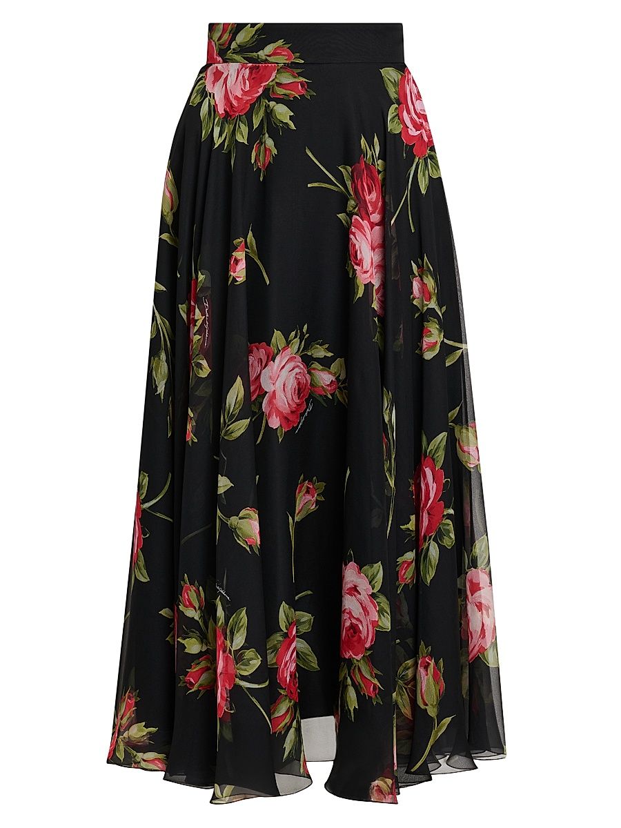Women's Floral Silk Midi-Skirt - Bouquet Rose F Nero - Size 14