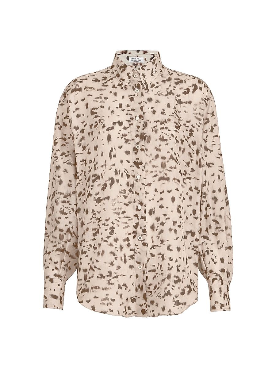 Women's Lynx Print Silk Pongee Shirt with Monili - Beige - Size Large