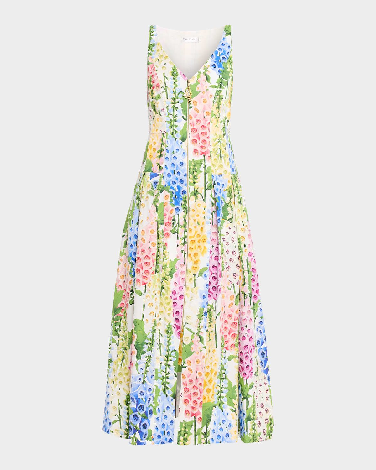 Foxglove-Print Pleated Poplin Zip-Front Midi Dress