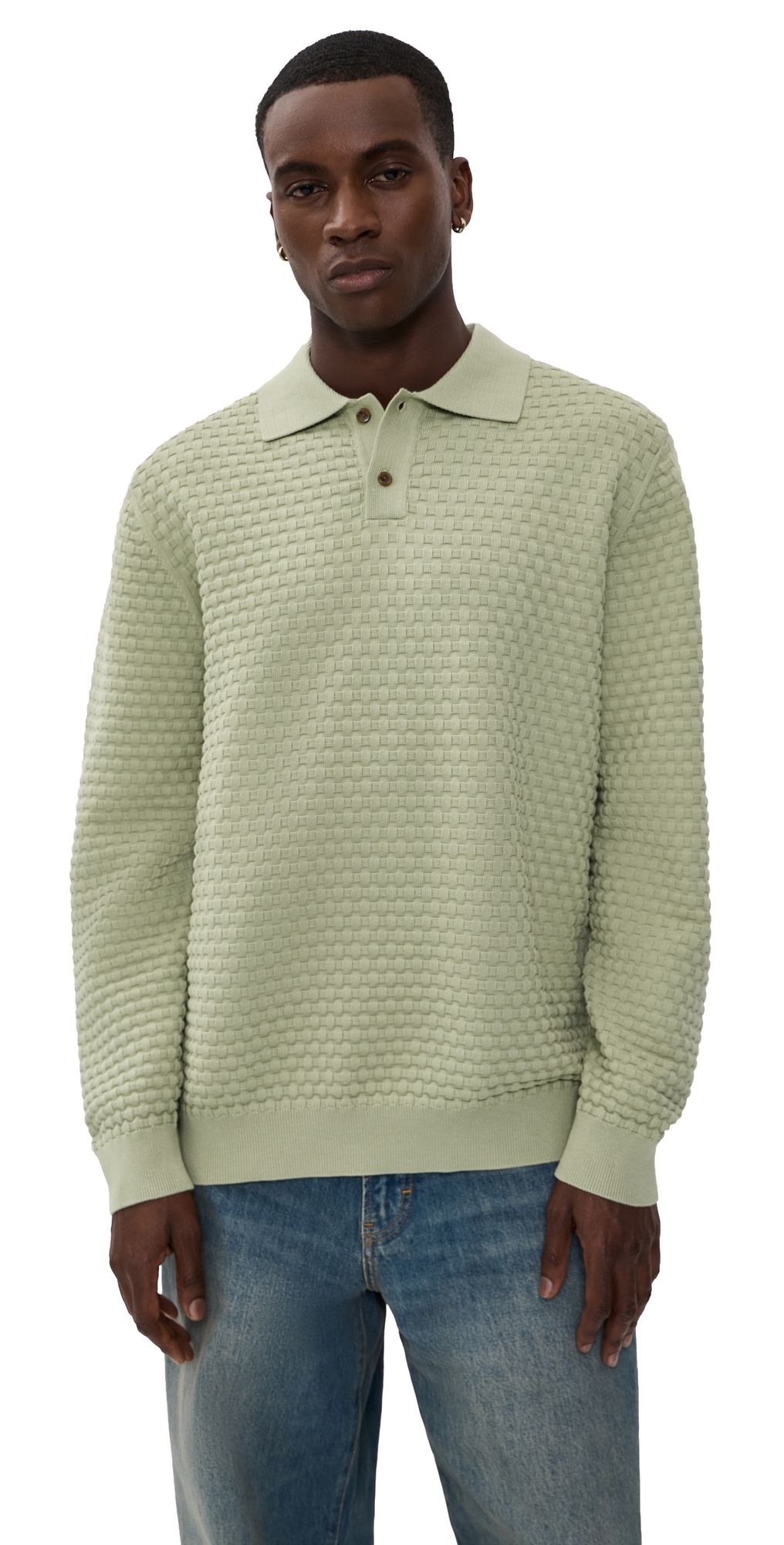 Les Deux Billy Weave Knitted Long Sleeve Polo Tea Green XL