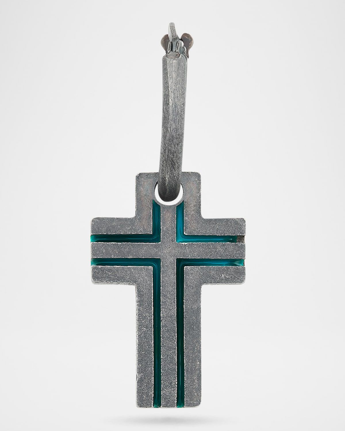 Men & apos;s The Cross Art Deco Style Mono Oxidized Silver and Green Enamel Earring, Single