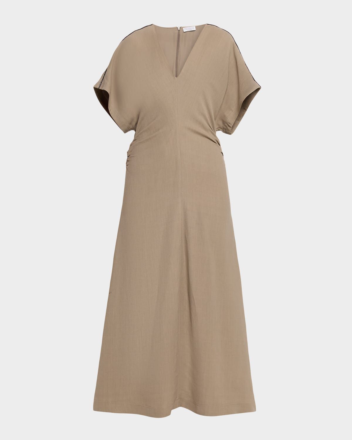 Monili-Trim Fluid Linen Twill Short-Sleeve Midi Dress