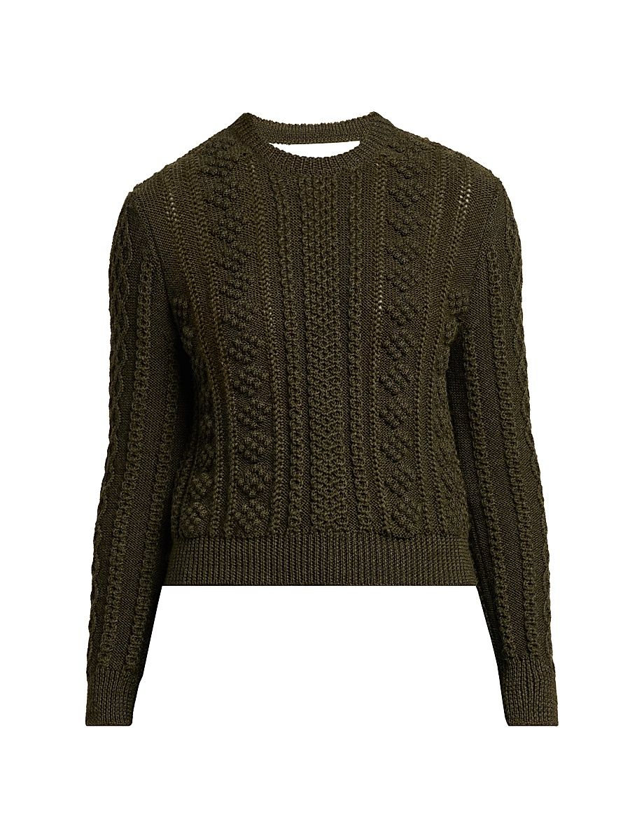 Women's Textured Wool Back-Cutout Crewneck Sweater - Thyme Green - Size 14