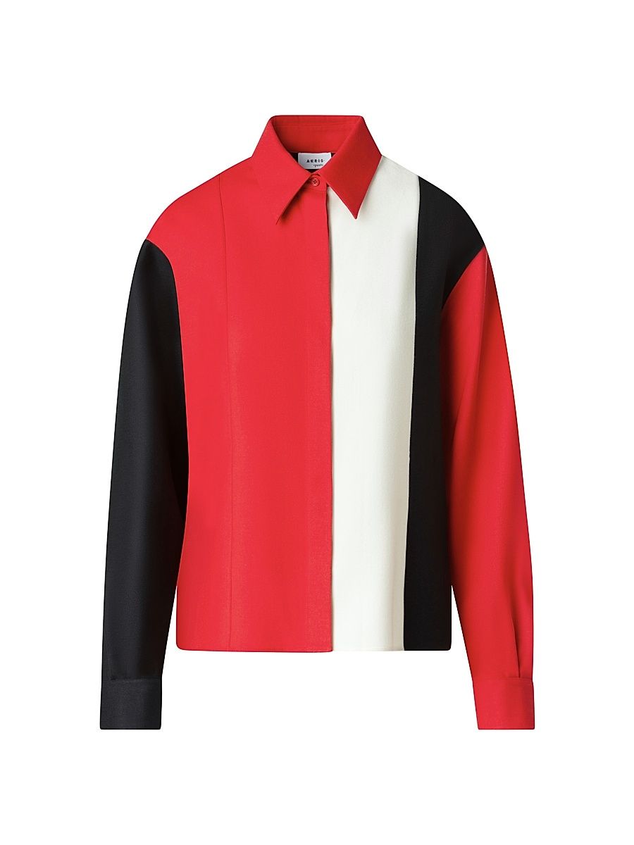 Women's Colorblocked Virgin Wool Shirt - Cream Black Vermillion - Size 12