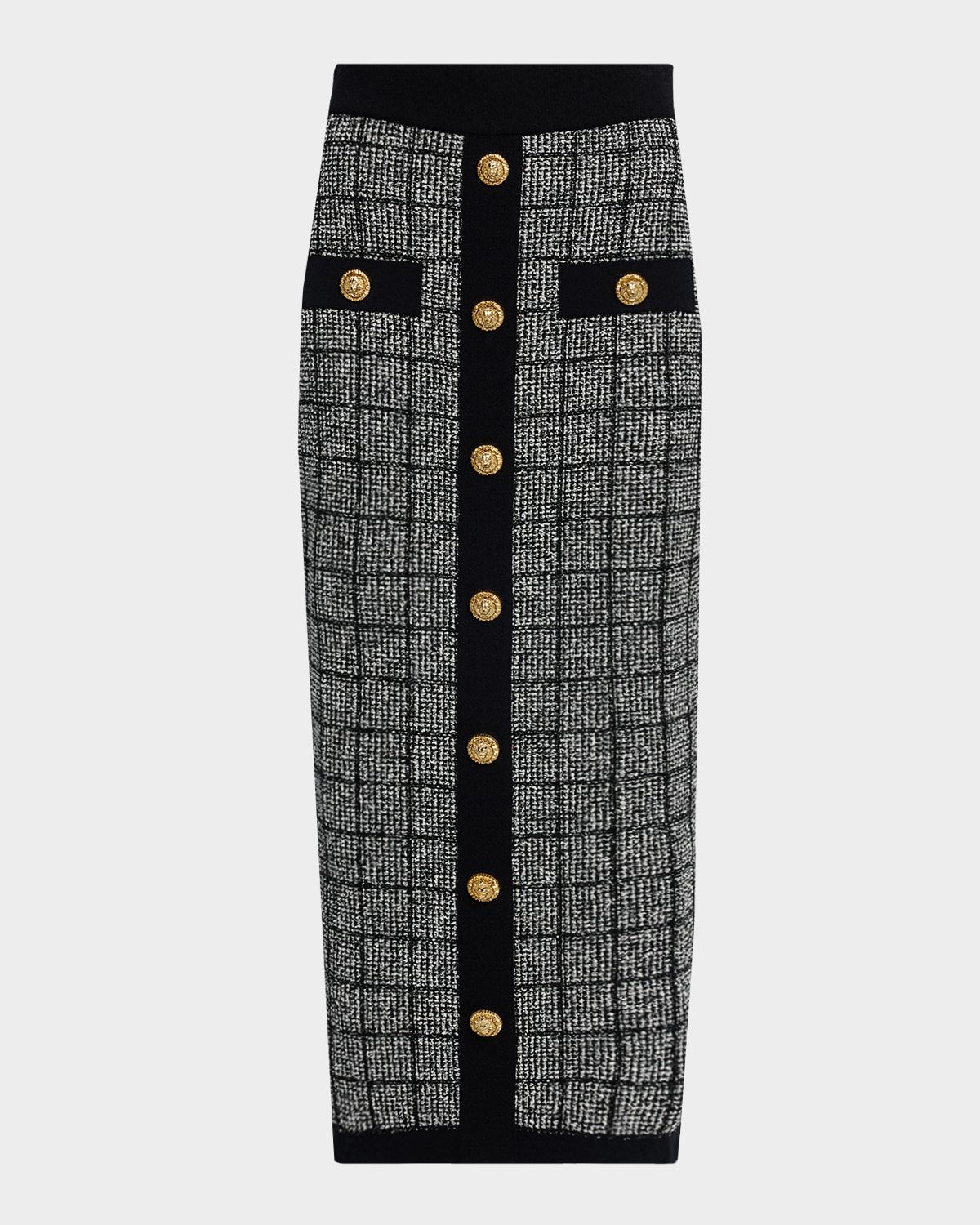 Buttoned Grid-Check Knit Skirt