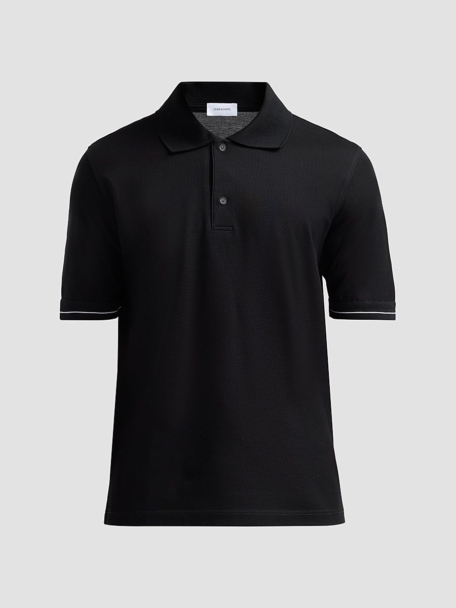 Men's Cotton Pique Short-Sleeve Polo Shirt - Black White - Size Large