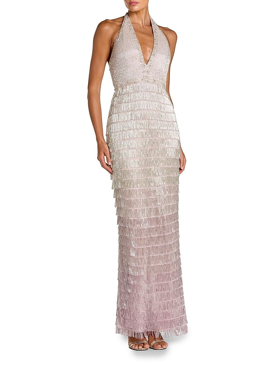 Women's Beaded Fringed Halter Gown - Silver Lilac - Size 6