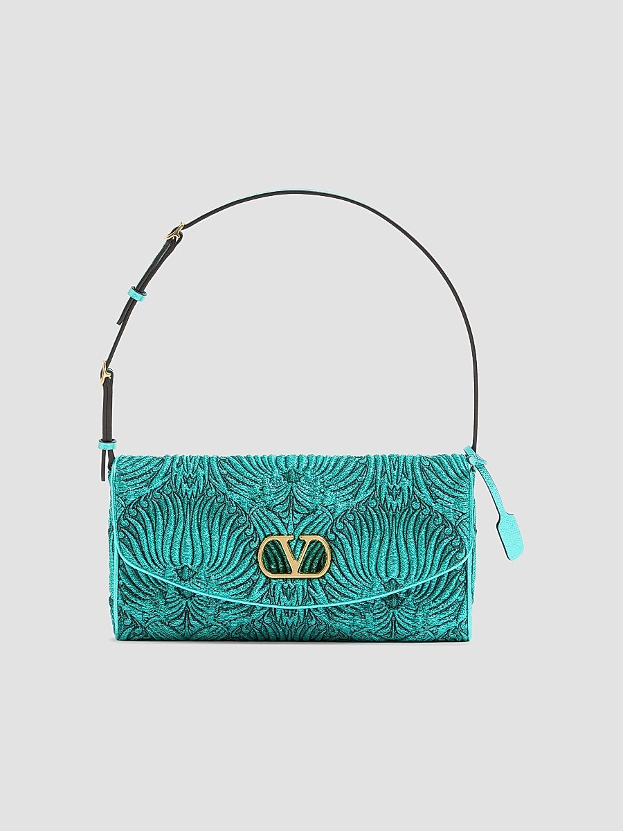 Valentino Women's DeVain Small Shoulder Bag in Jacquard Cloqué Lurex Fabric - Teal