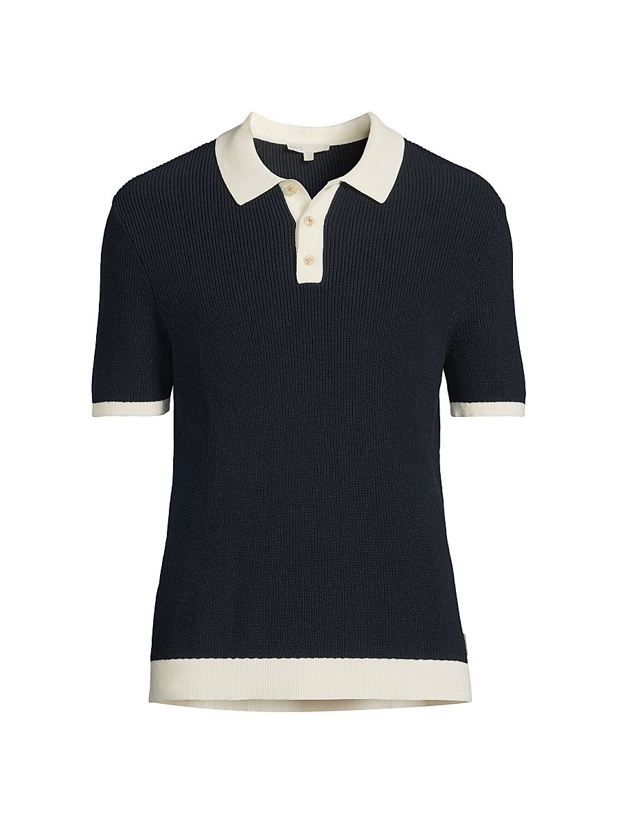 Men's Cotton-Linen Rib-Knit Polo Shirt - Midnight Egret - Size XL