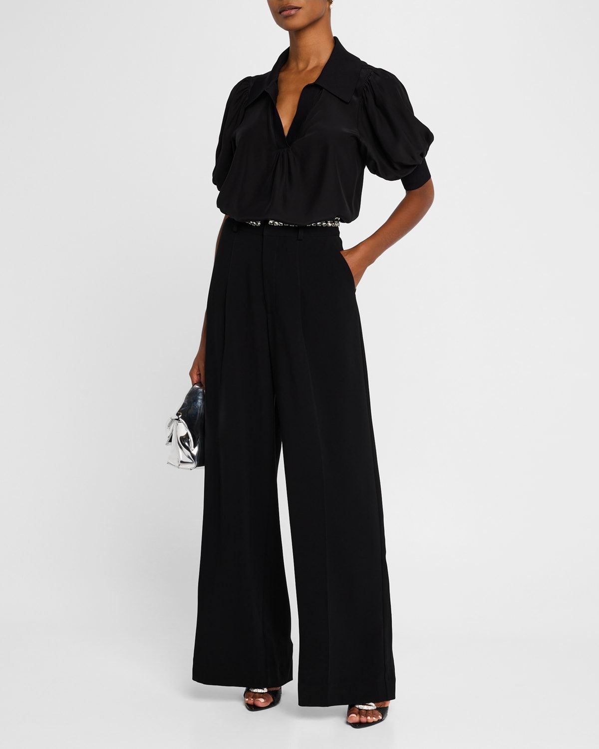 Weldon Collared V-Neck Short-Sleeve Silk Combo Top