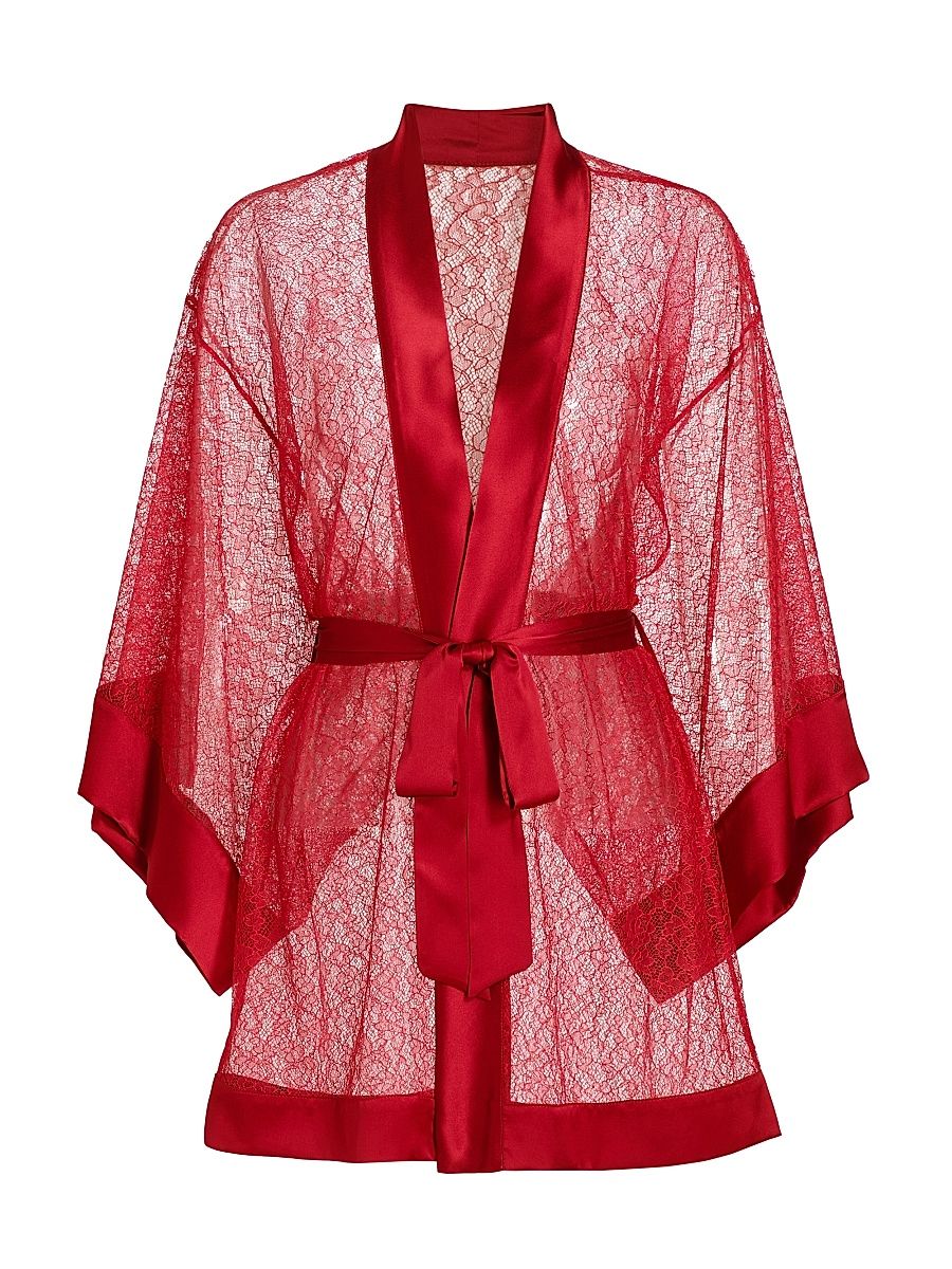 Women's Petite Fleur Silk Lace Kimono-Style Robe - Red - Size Medium