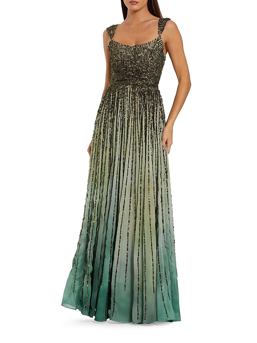 Women's Sequined Ombré Mesh Gown - Patina Green - Size 12