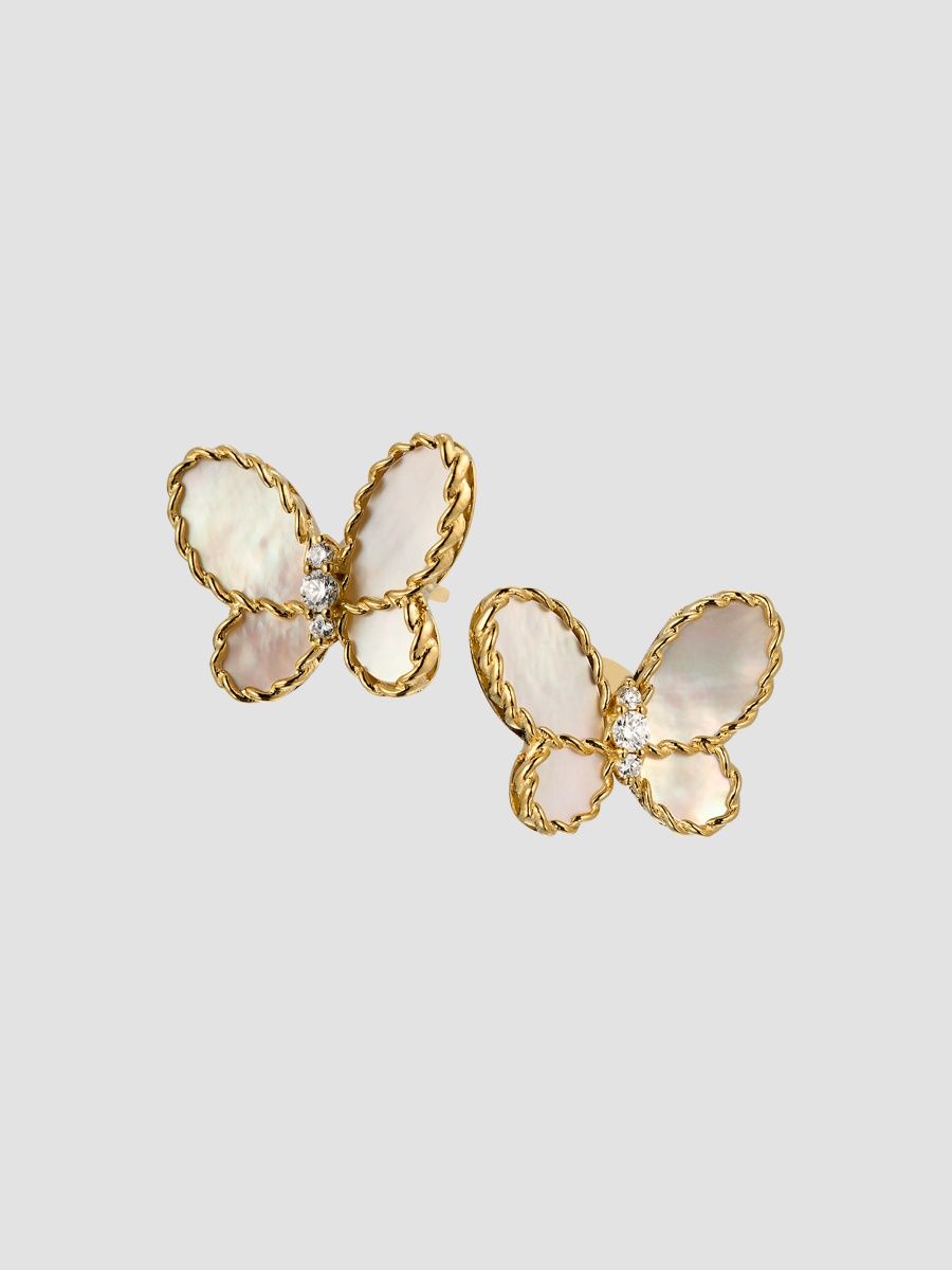 Roberto Coin Women's 18K Yellow Gold, 0.07 TCW Diamond & Mother-Of-Pearl Butterfly Stud Earrings - Pearl