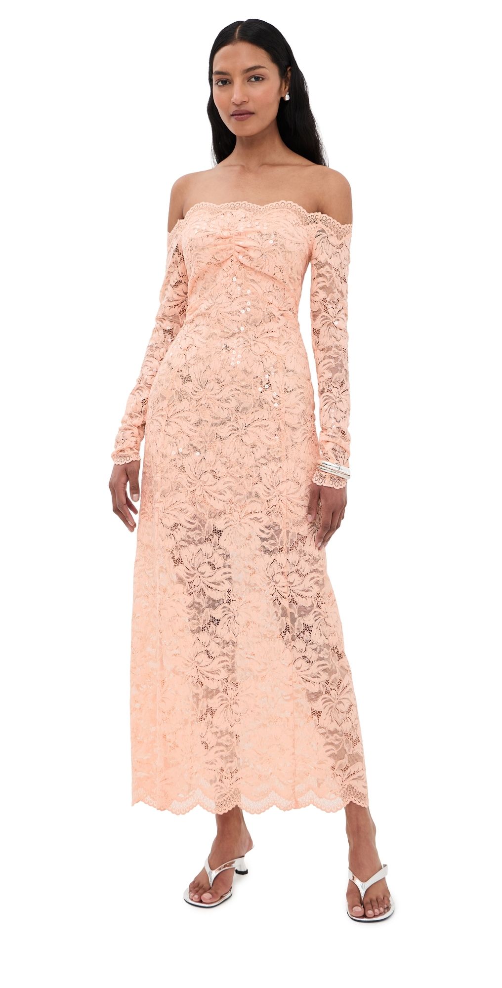 rabanne Lace Sequin Robe Dress Salmon Pink 42