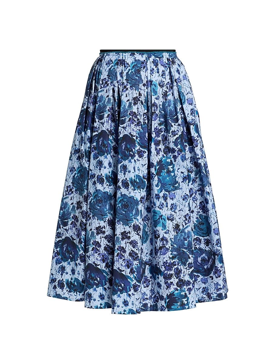 Women's Pleated Floral Cotton-Blend Midi-Skirt - Blue Multi - Size 10