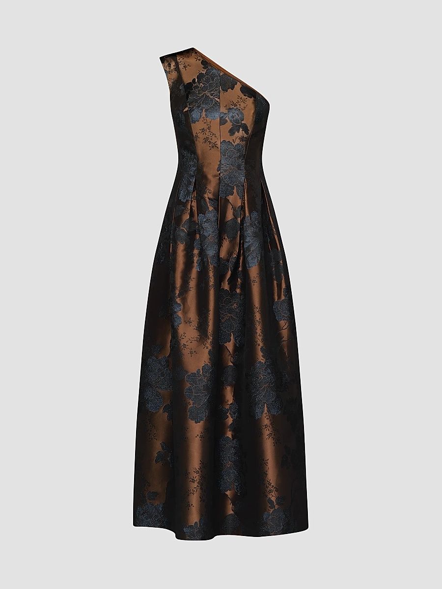 Women's Brynlee Floral Jacqaurd One-Shoulder Gown - Gold Dark Twilight - Size 6