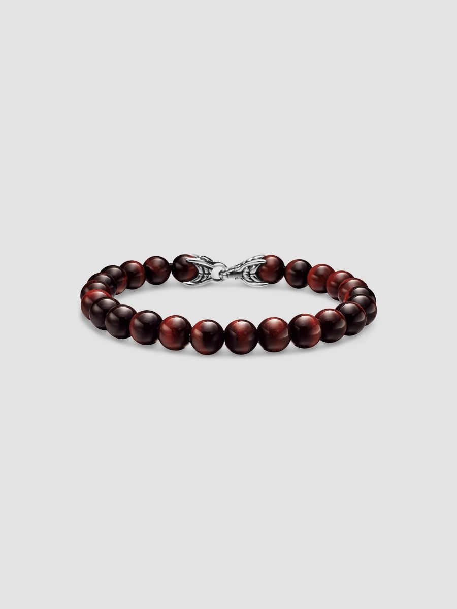 David Yurman Men's Spiritual Beads Bracelet in Sterling Silver - Red Tigers Eye - Size 9