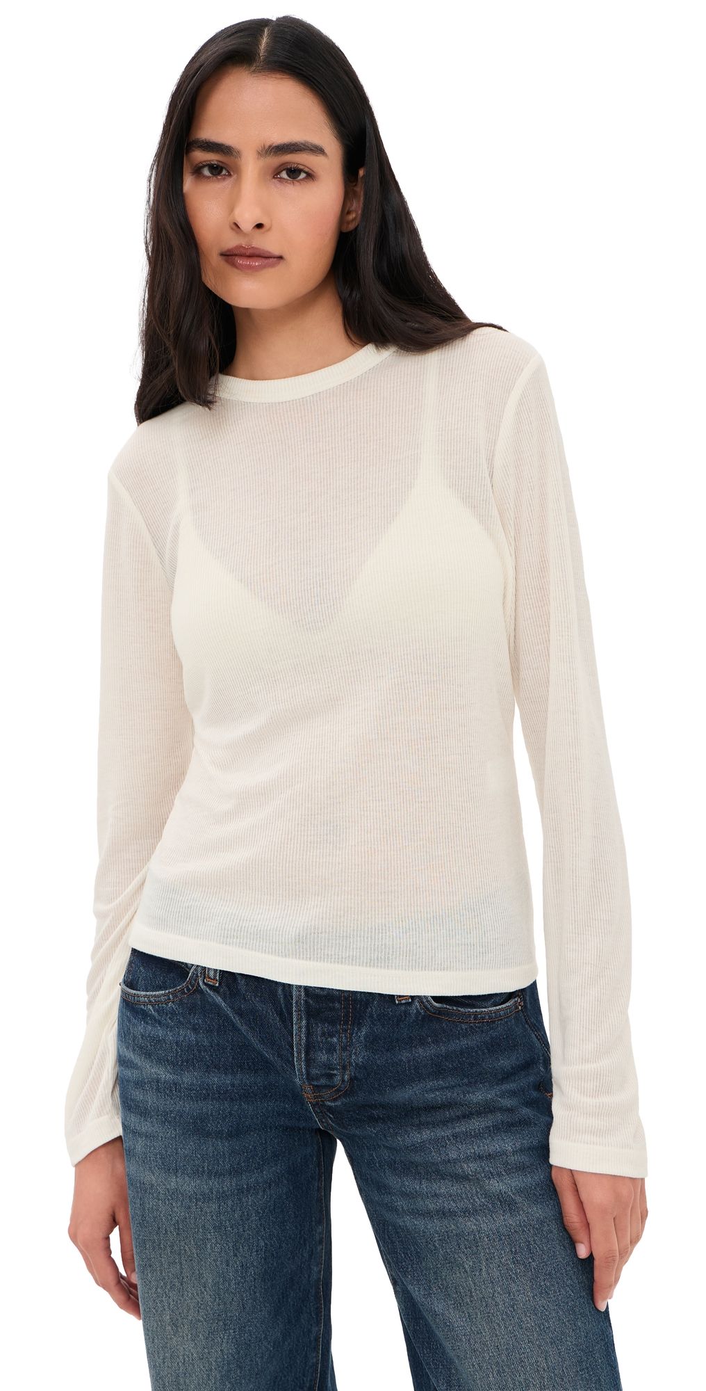 Good American The Sheer Rib Long Sleeve Top Pearl L