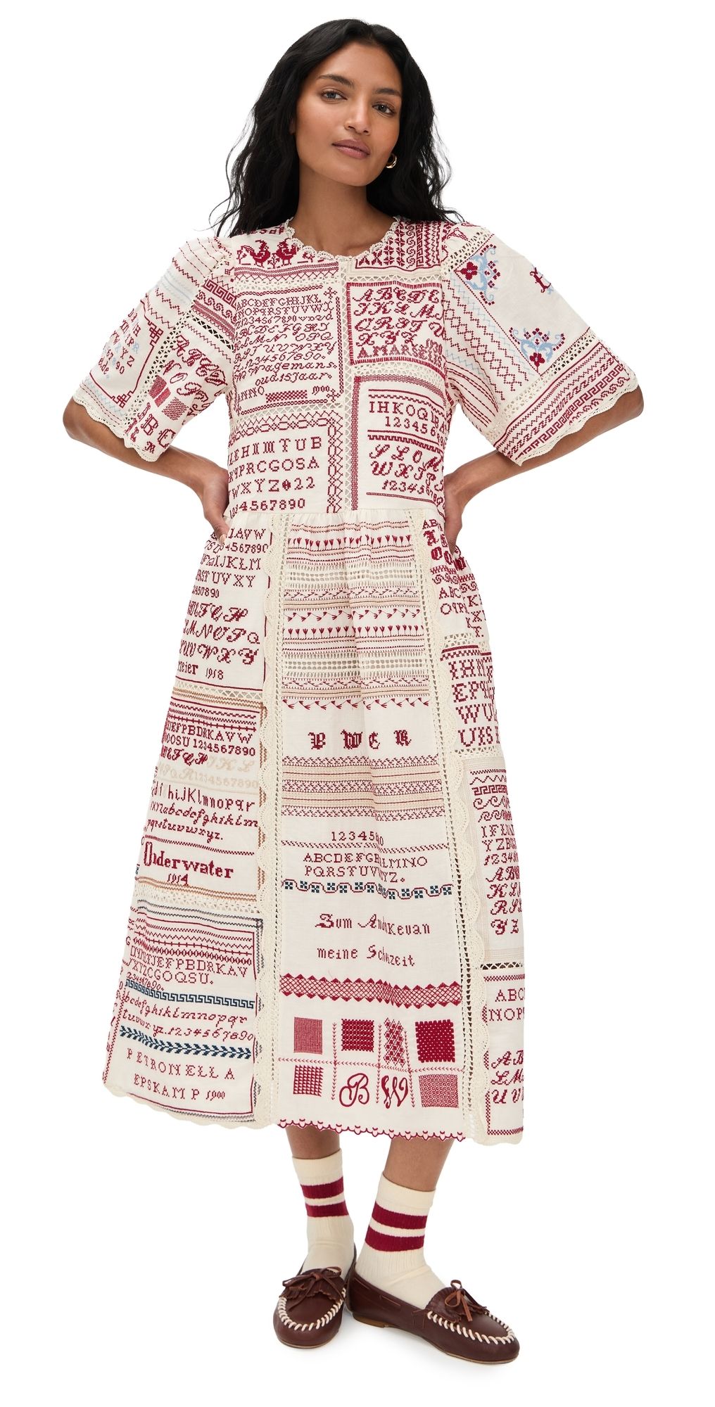 Sea Kit Embroidered Midi Dress Cream S