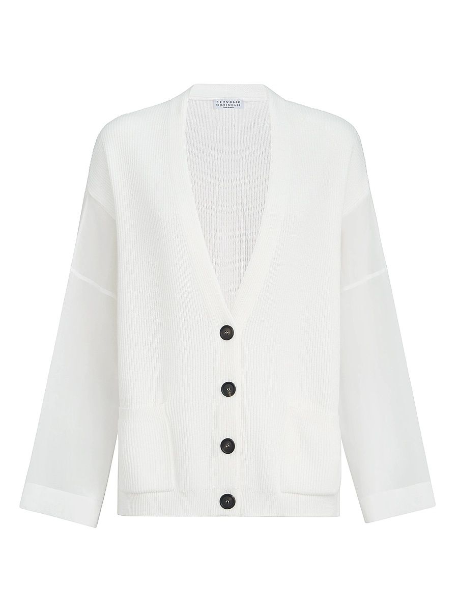 Women's Cotton Ribbed Cardigan with Organza Sleeves - White - Size XXXL