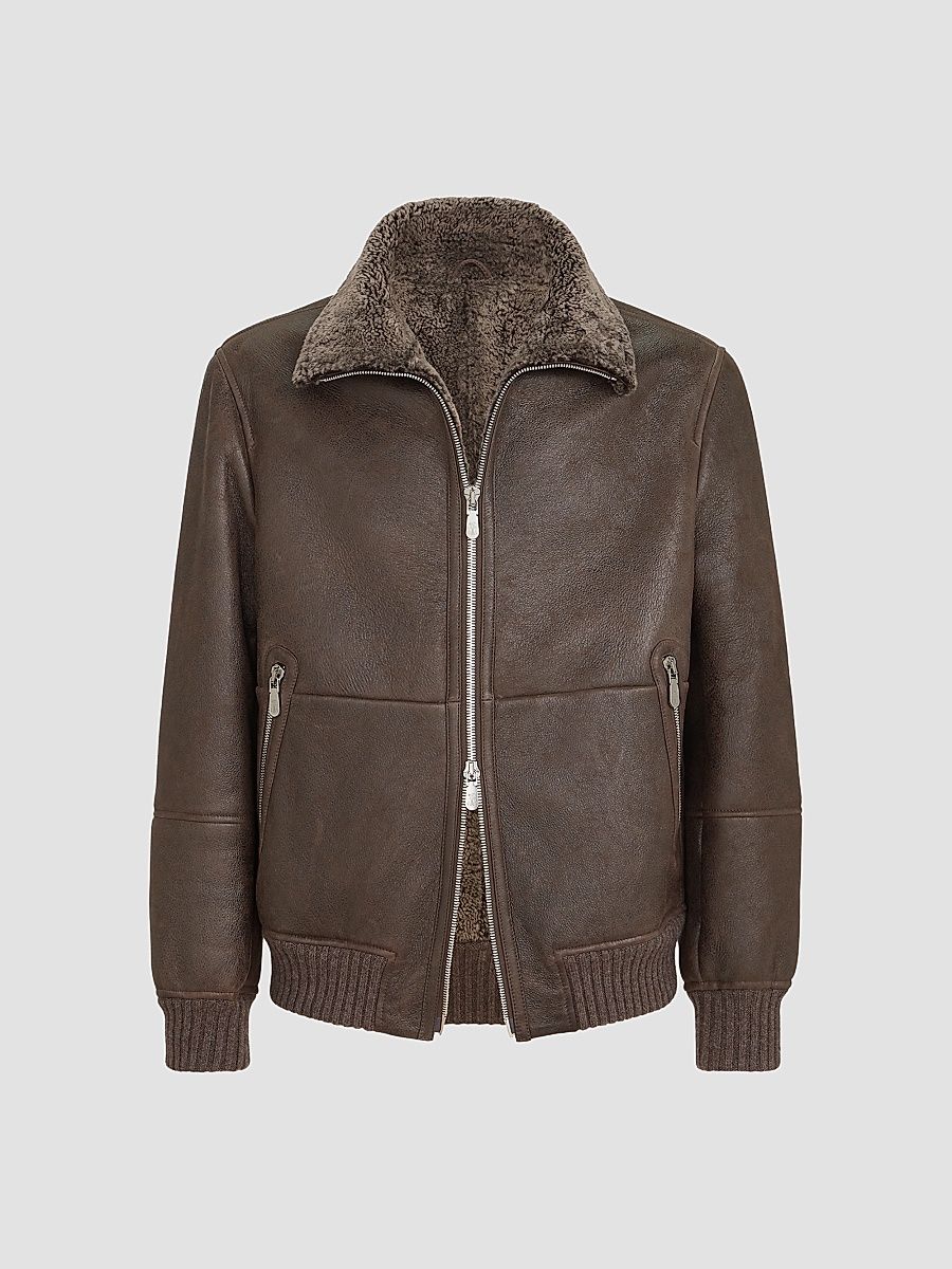 Men's Vintage-Effect Shearling Bomber Jacket - Brown - Size XXXXL