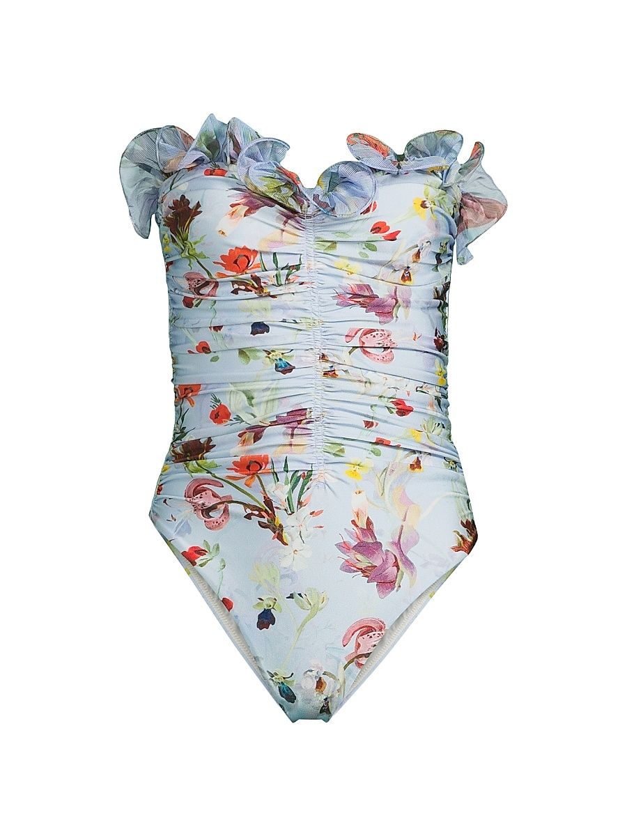 Women's Lily Flower One-Piece Swimsuit - Blue - Size XL