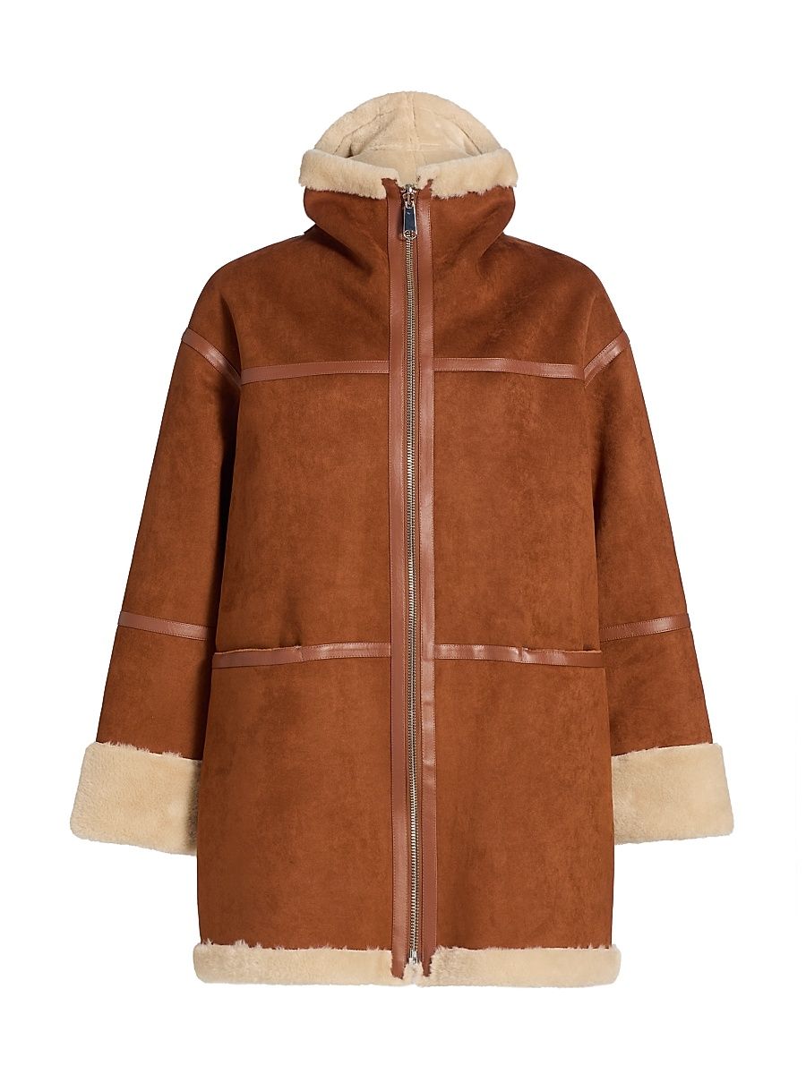 Women's Oversized Reversible Faux Shearling Coat - Cognac Ivory - Size XL