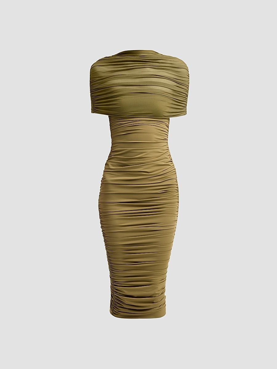 Women's Roberta Ruched Mesh Midi Dress - Olivewood - Size XL