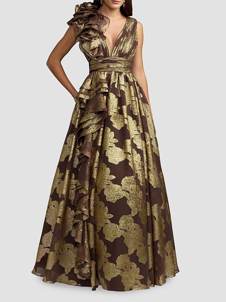 Women's Metallic Floral Brocade Ball Gown - Chocolate - Size 16