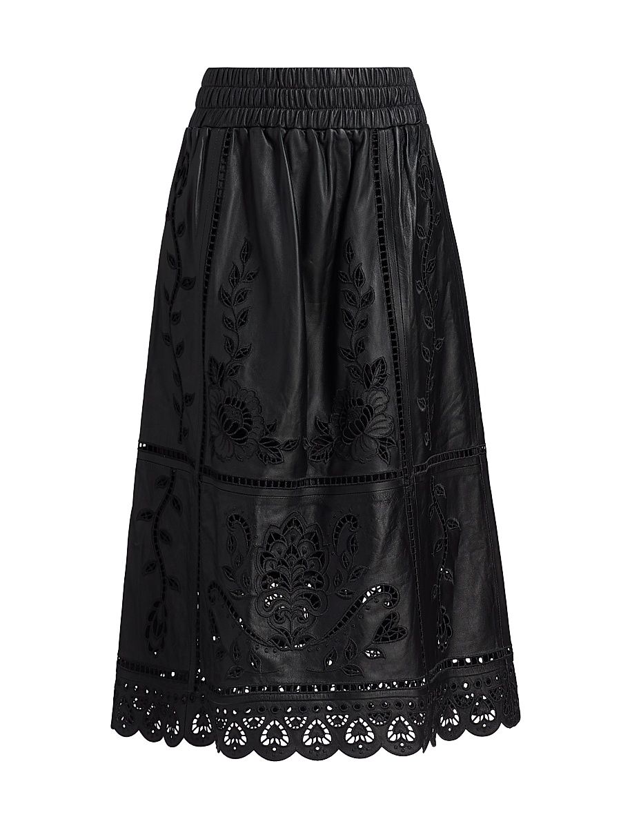 Women's Richilieu Heart Cut-Out Leather Midi-Skirt - Black - Size Medium