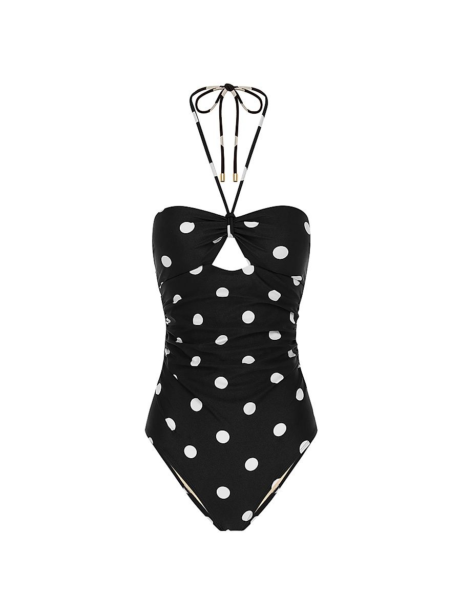 Women's Summer Polka Dot Halter One-Piece Swimsuit - Macaroon - Size Large