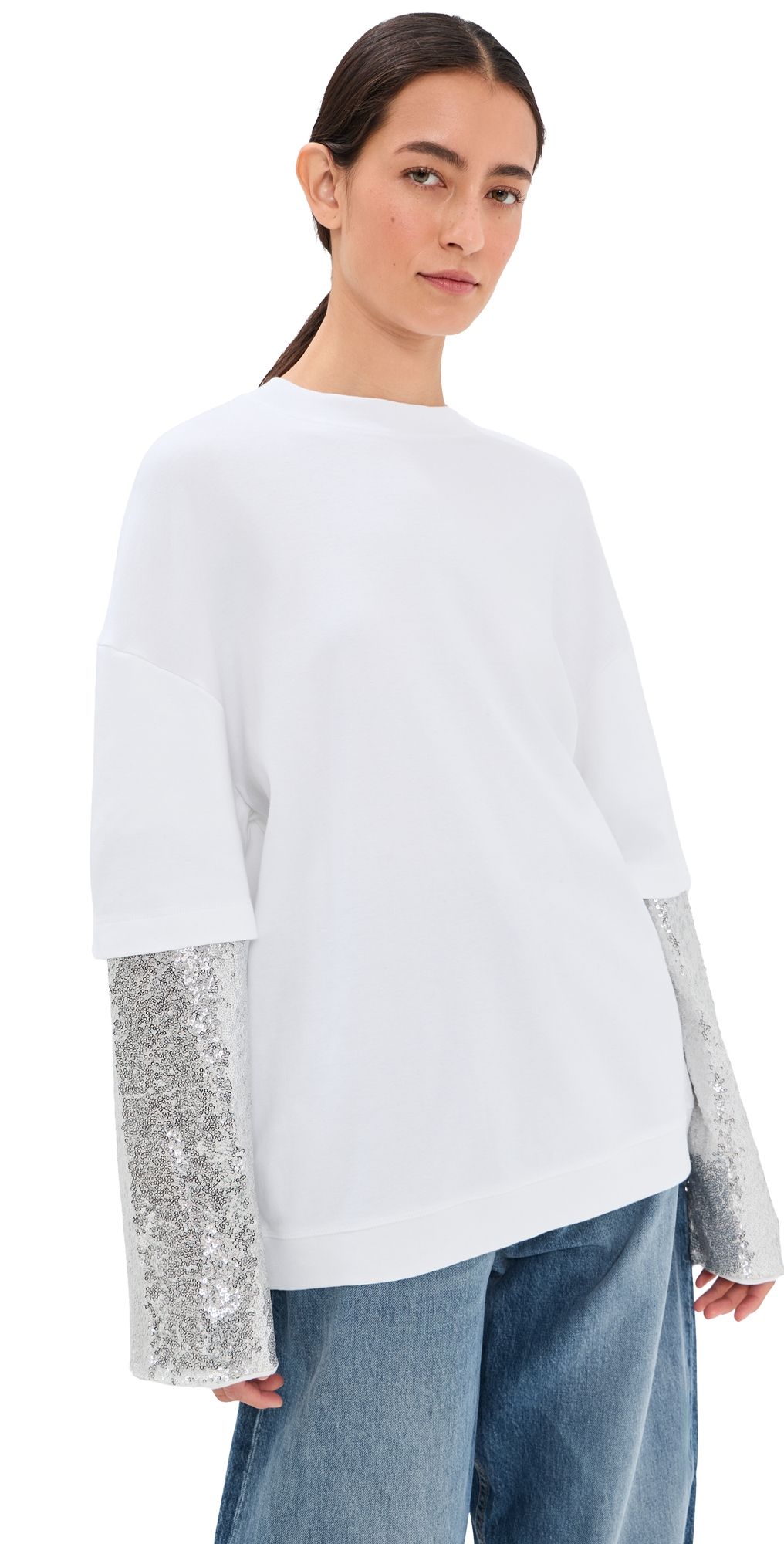 DARKPARK Troy Double Sleeve Tee with Pailettes White/Silver L