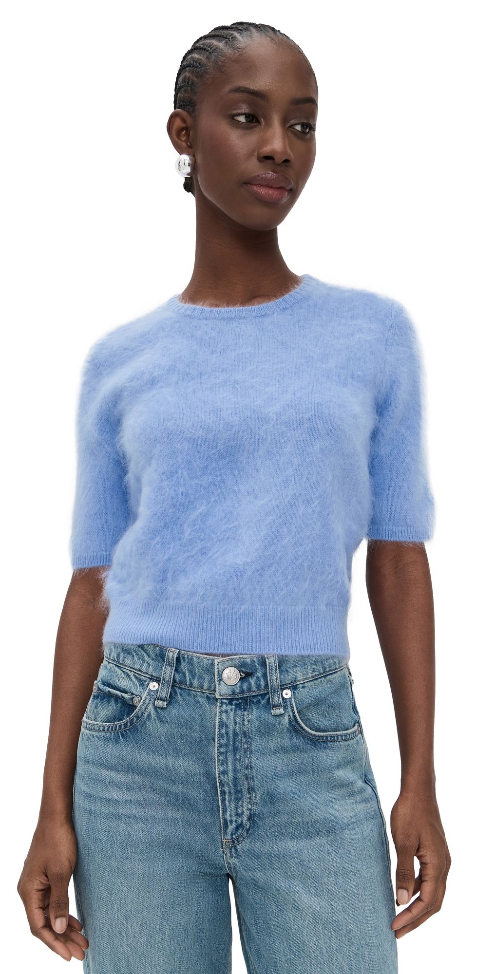 rag & bone Jada Brushed Cashmere Short Sleeve Crew Pullover Light Blue XL