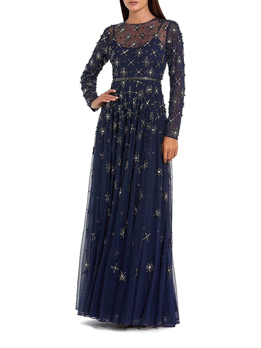 Women's Evening Embellished Mesh Gown - Midnight - Size 18