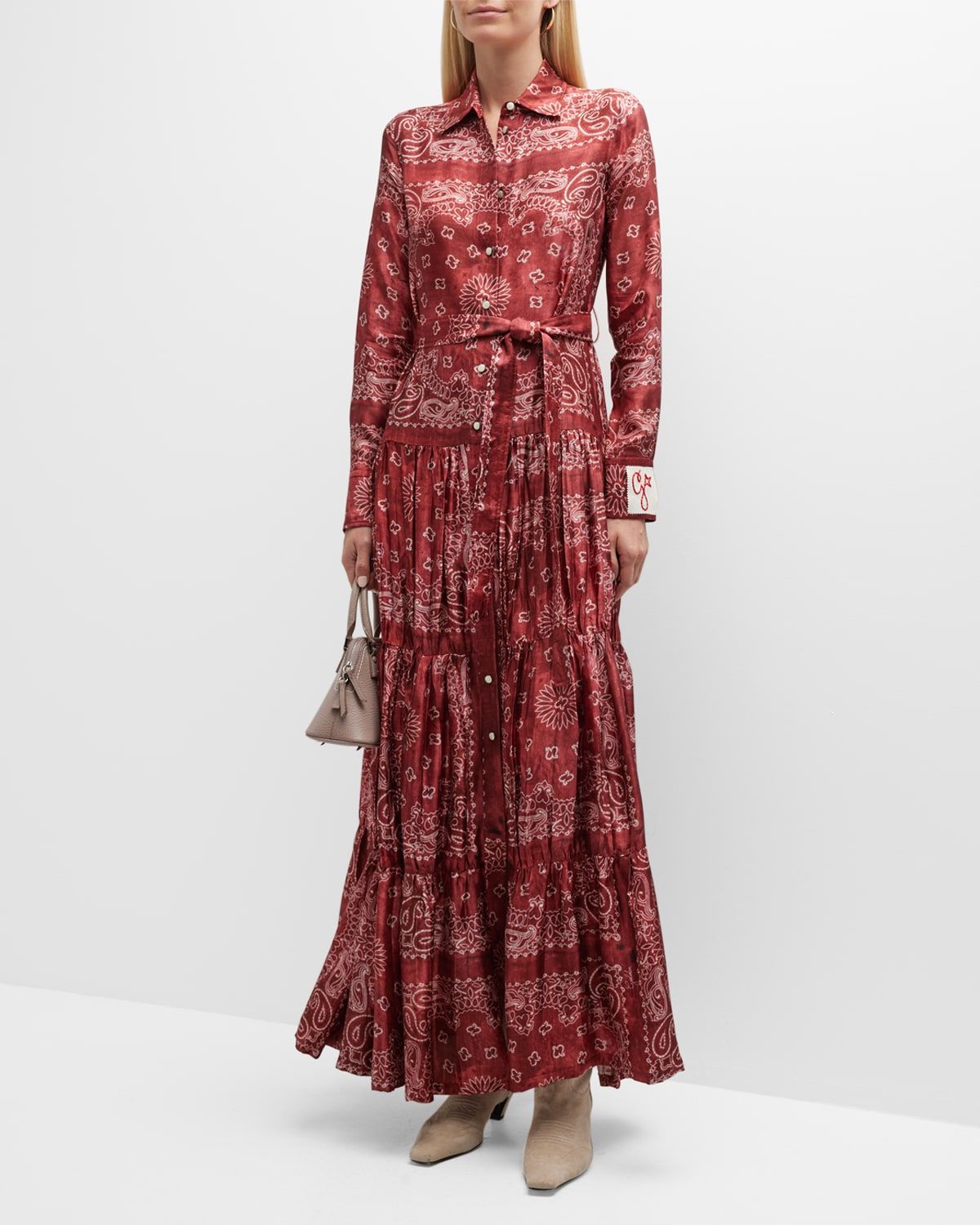 Golden Bandana-Print Long Shirtdress