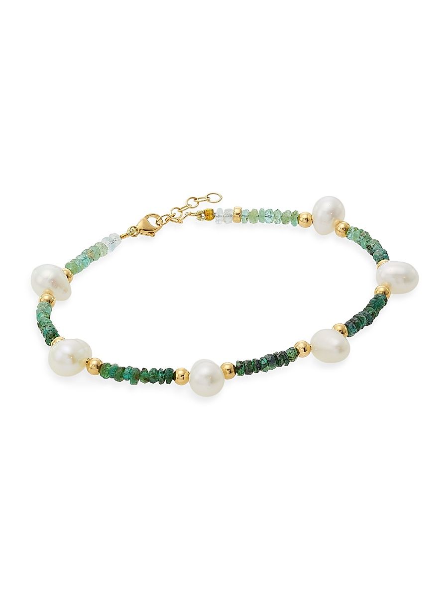 Women's Arizona 14K Yellow Gold, Emerald, & Freshwater Pearl Bracelet - Green