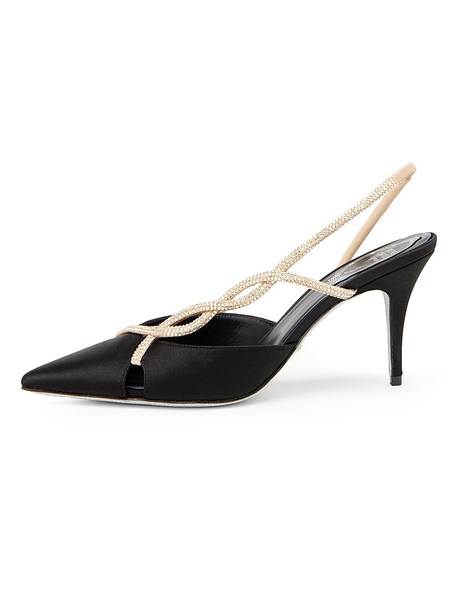 Women's 80MM Satin Slingback Pumps - Black Satin Golden Strass - Size 9.5