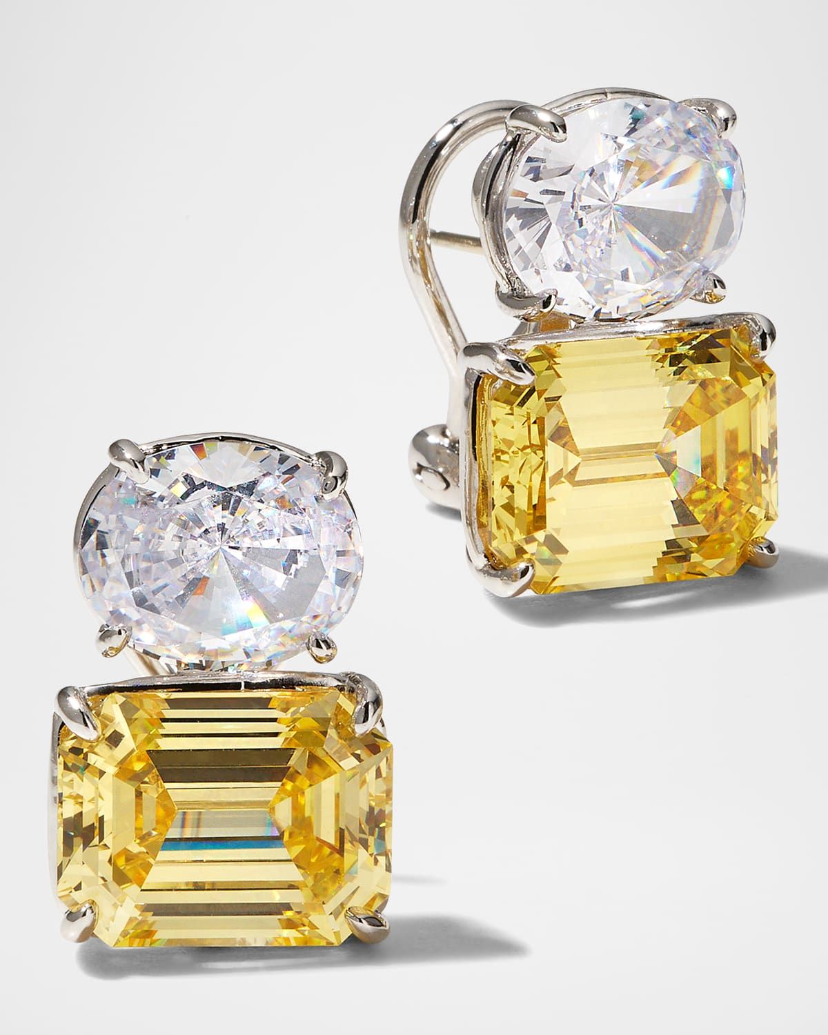 26.0 TCW White Oval & Canary Emerald-Cut Stud Earrings