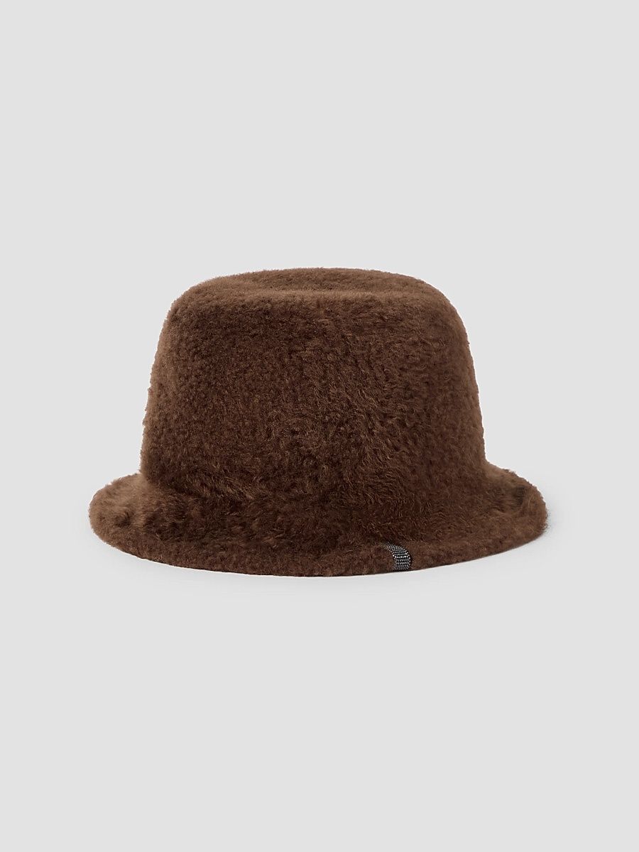 Brunello Cucinelli Women's Soft Fuzzy Shearling Bucket Hat with Shiny Band - Brown Gianduia - Size Small