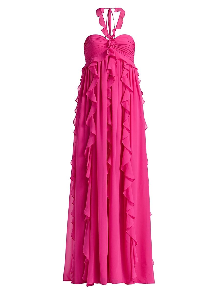 Women's Ruffled Chiffon Halterneck Gown - Fuchsia Purple - Size 4