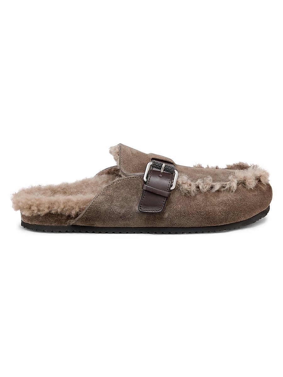 Women's Shearling-Lined Suede Mules - Brown - Size 10.5